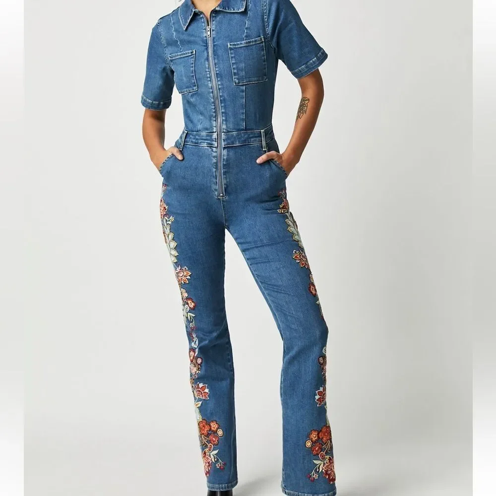 Driftwood x Free People Embroidered Denim Jumpsuit - Picture 2 of 8